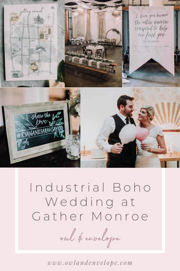 Industrial Boho Wedding at Gather Monroe // Owl & Envelope // #industrialwedding #weddingsignage #organicwedding #greenerywedding #weddingchalkboards #weddingsigns