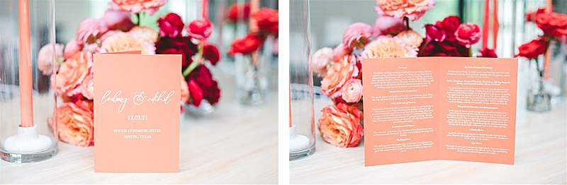 pink wedding ceremony program | Owl & Envelop | Custom Wedding Stationery and Signage | colorful wedding, Austin wedding, downtown Austin wedding | via owlandenvelope.com