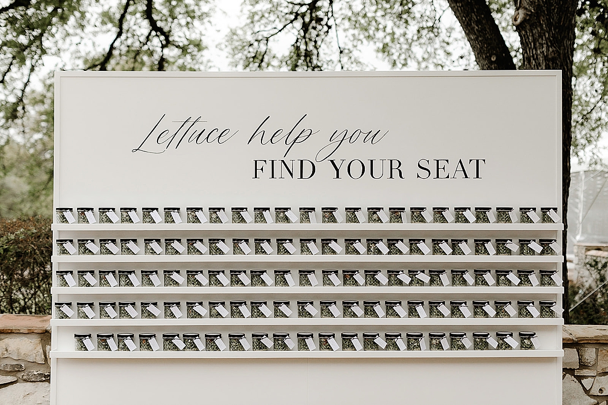 Salad Escort Wall | Statement Seating Chart Inspiration for Wedding Day | Owl & Envelope | Custom Wedding Signage in Austin, TX | unique seating chart, seating chart, escort wall, wedding day signage | via owlandenvelope.com