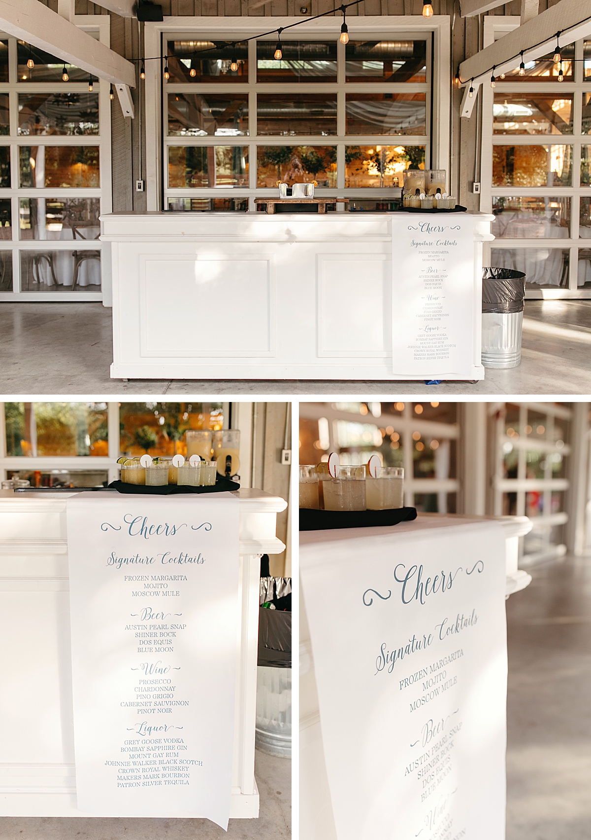 White Bar with white fabric bar menu and hand lettered drinks | Owl & Envelope | Custom Wedding Stationery and Signage | fall wedding, colorful fall wedding, The Addison Grove | via owlandenvelope.com