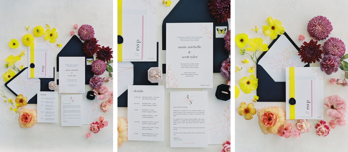 Editorial Styled Wedding Invitation Suite | Owl & Envelope | Custom Wedding Stationery and Signage in Austin, TX | Luxury Downtown Austin Wedding at South Congress Hotel | colorful wedding, yellow wedding, purple wedding party palette, orange wedding after party | via owlandenvelope.com