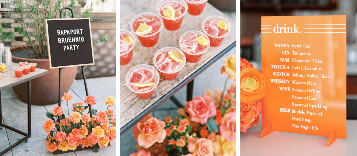 Orange Themed Pool Party After Wedding | Custom Wedding Stationery and Signage in Austin, TX | Luxury Downtown Austin Wedding at South Congress Hotel | colorful wedding, yellow wedding, purple wedding party palette, orange wedding after party | via owlandenvelope.com