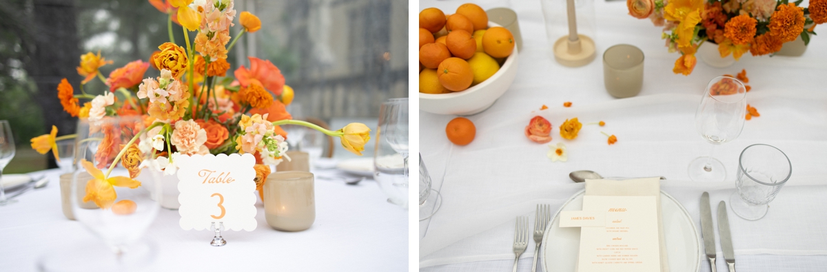 Orange themed rehearsal dinner with custom stationery and centerpieces by Remi + Gold at Commodore Perry Estate. | Rehearsal Dinner at Commodore Perry Estate | Owl & Envelope | Austin Wedding Vendor